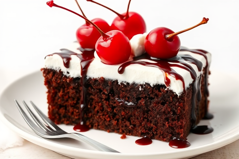 Chocolate cake slice topped with whipped cream and cherries, drizzled with chocolate sauce, placed on a white plate with a fork beside it, against a light background.