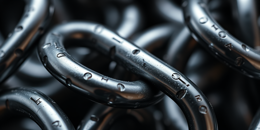 macro shot of metal chain links with detailed texture and reflections, aperture f/2.8, shutter speed 1/250s, ISO 100, taken from a top-down view using a DSLR camera with a 100mm macro lens, incorporating soft diffused lighting for enhanced clarity