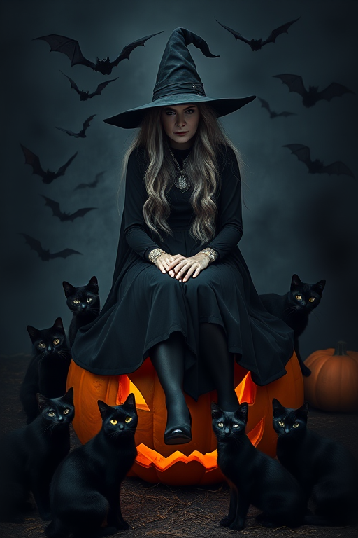 A witch with long gray hair in a black dress sitting on a carved pumpkin surrounded by eight black cats and flying bats in a moody, atmospheric setting, shot with a Canon EOS R5 at f/2.8, ISO 100, 35mm lens in portrait style for enhanced depth of field and vibrant colors.