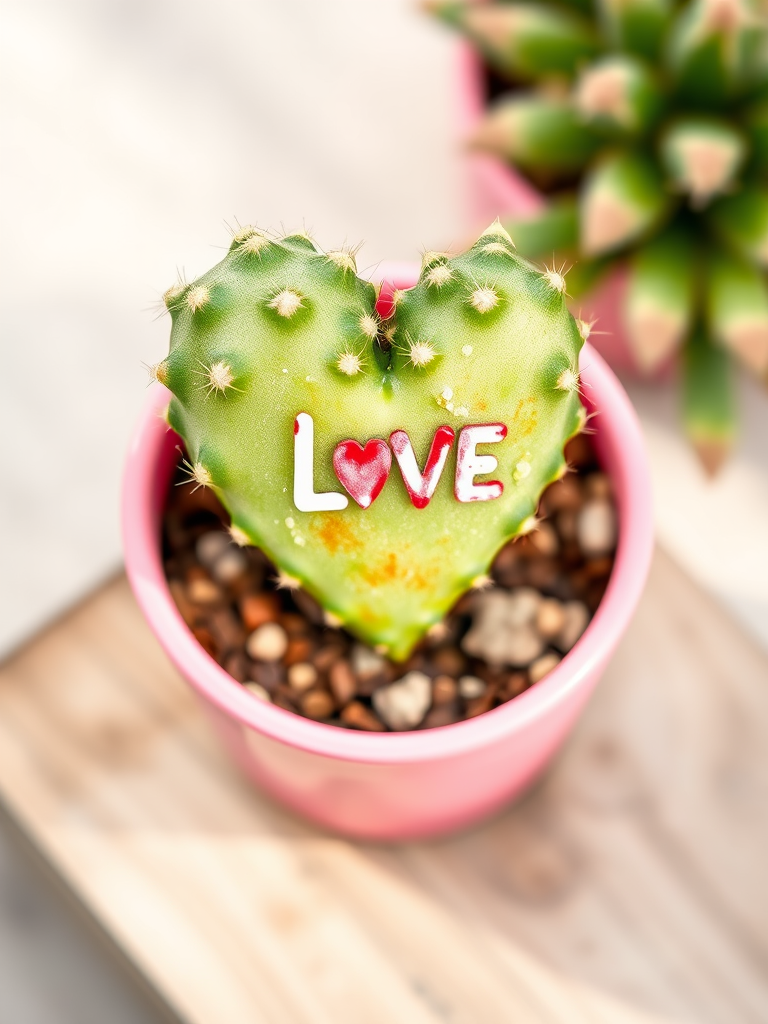 Create a watercolor illustration of a heart-shaped cactus in a pink pot with the word "LOVE" on it, captured with a Canon EOS 5D Mark IV, 50mm f/1.8 lens, aperture at f/2.8, ISO 100, natural light, top-down view, soft focus background.