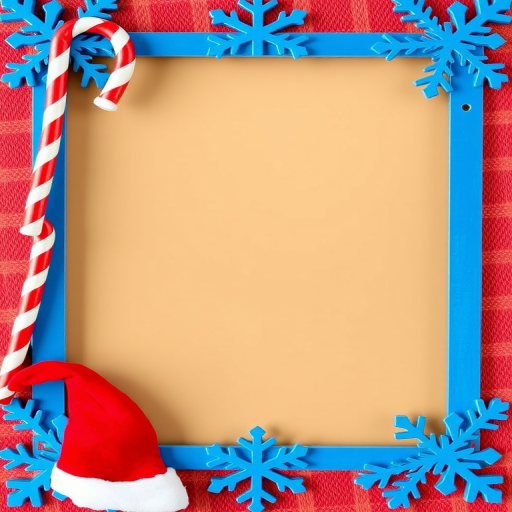 Create a festive Christmas photo frame with a blue snowflake design, a candy cane on the top left and a red Santa hat on the bottom right, using a DSLR camera with a 50mm lens, f/2.8 aperture, ISO 100, and natural lighting for optimal image quality.