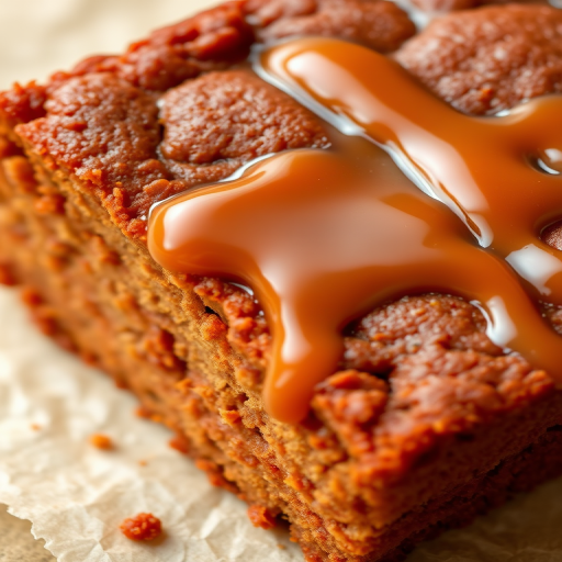 A close-up of a slice of moist gingerbread cake with a glossy caramel sauce drizzled on top, showcasing rich brown and amber tones, with a soft and crumbly texture, placed on a light parchment background.