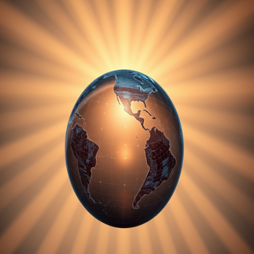 Create an enhanced 3D representation of a globe with a dynamic digital data visualization overlay, set against a backdrop of sun rays emerging from the horizon, using a DSLR camera with a 24mm lens at f/8, ISO 100, and a shutter speed of 1/125 seconds, positioned at a low angle for dramatic effect.
