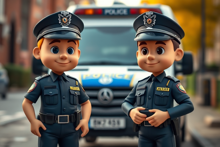 Create a highly detailed image of two cartoon police officers standing in front of a police van, shot with a Canon EOS R5 at 50mm, f/1.8 aperture, ISO 100, using a shallow depth of field for a blurred background to enhance focus on the characters.