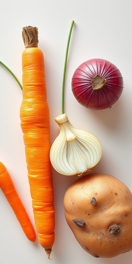 Generate a vibrant illustration of a carrot, onion, and potato on a clean background, using a Canon EOS R5 camera at f/2.8 aperture, ISO 100, and a 50mm lens, top-down view with soft natural lighting for enhanced color saturation and detail.