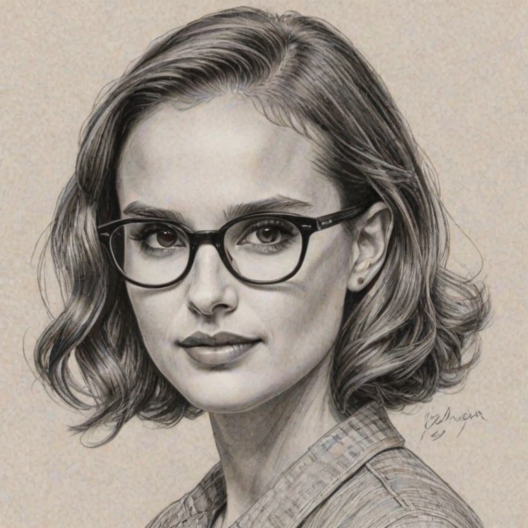 Charming Natalie Portman, pencil sketch, portrait of Ravishing woman 1941s in glasses, hair style beatnik, outline, clear lines, fine lines, 8k