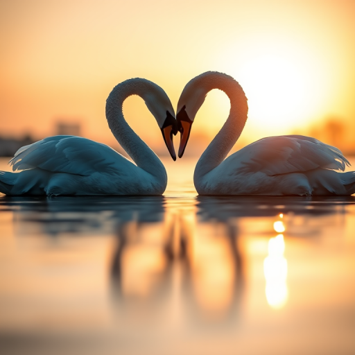 Capture a serene image of two swans forming a heart shape with their necks on a calm water surface during golden hour, using a Canon EOS R5 with an 85mm lens, aperture f/2.8, ISO 100, and a shutter speed of 1/250s, focusing on soft bokeh in the background.