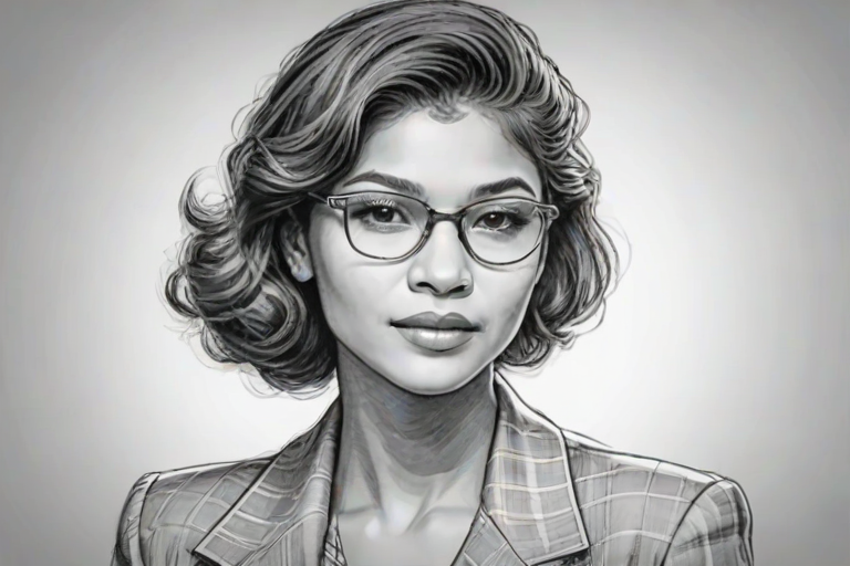 Radiant Zendaya, pencil sketch, portrait of Splendid woman 1937s in glasses, hair style beatnik, outline, clear lines, fine lines, 8k