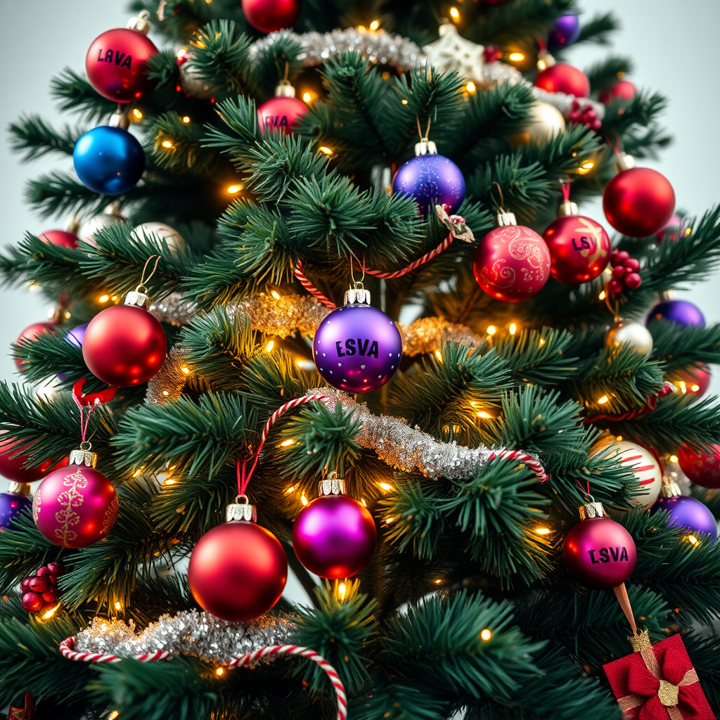 Create a vibrant Christmas tree scene adorned with colorful ornaments and twinkling lights, captured with a DSLR camera at f/2.8, ISO 200, 1/60s, using a wide-angle lens from a low angle to emphasize the tree's height and decorations, in a bright studio setting for enhanced clarity and color.