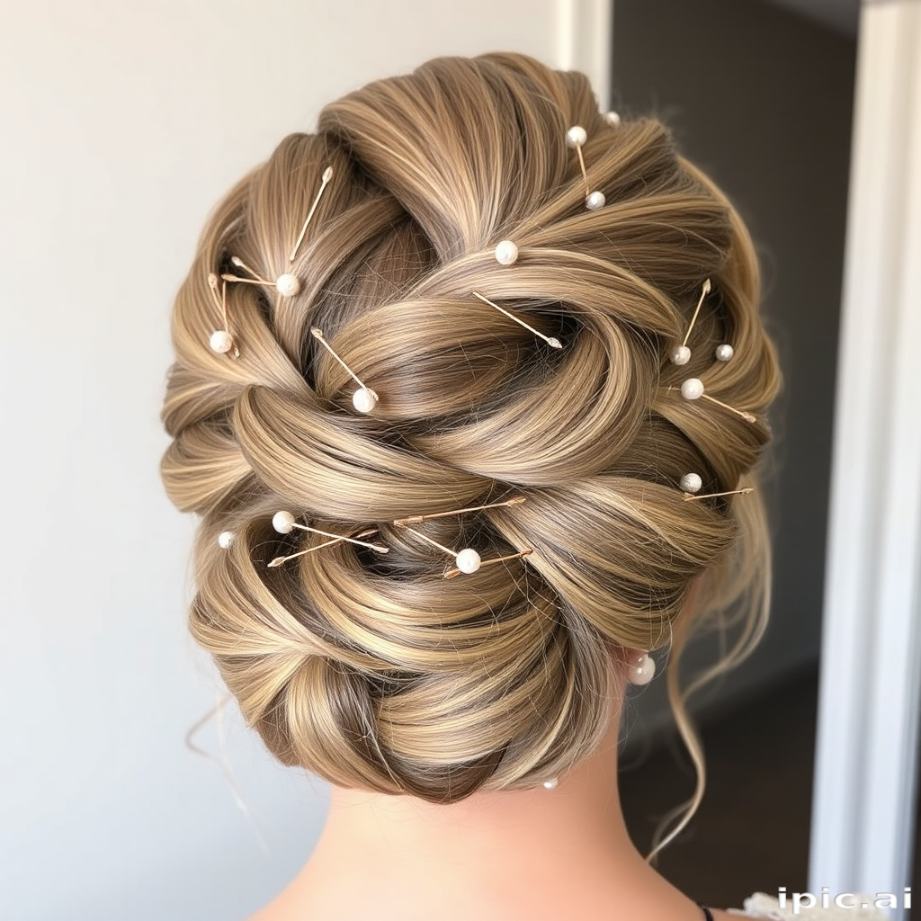 Elegant ash blonde updo called "Smoky Sophistication" features intricate twists and turns, adorned with delicate pearl pins and a subtle metallic shimmer throughout