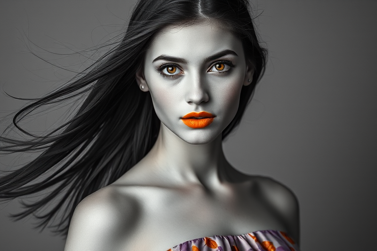 Photographic image of a beautiful young Kurdish woman, orange eyes, lips with Yellow lipstick, long hair fluttering in the wind and wearing a silk strapless dress with a soft purple and orange print. monochrome image with only color highlights in the iris of the eyes, lipstick and dress. Gray background.