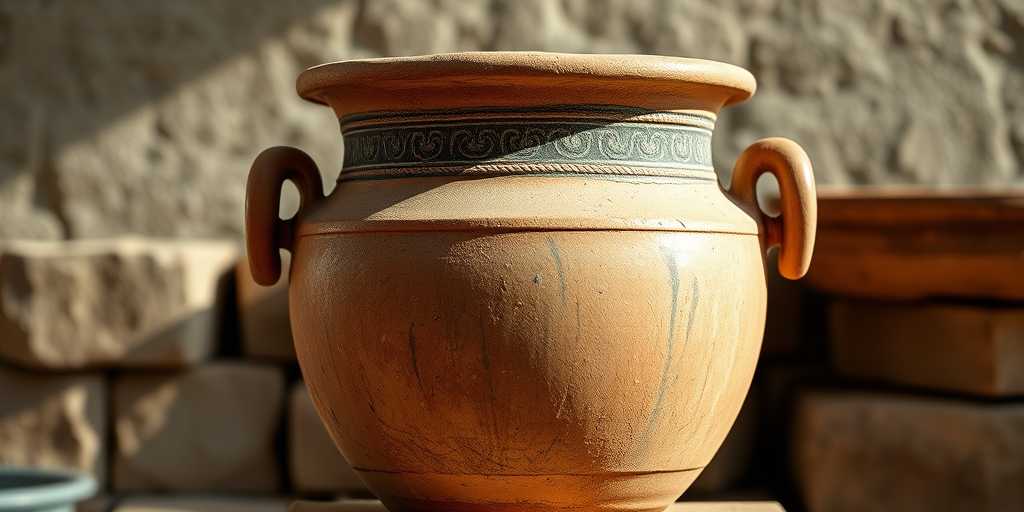 large ancient clay pot with two handles and decorative band, soft natural lighting, 50mm lens, f/4 aperture, ISO 200, 45-degree angle view, DSLR camera, high-resolution image