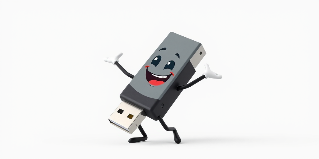 Create a high-resolution cartoon character of a USB flash drive with arms and legs, smiling and in a playful pose, with a white background, using a Canon EOS 5D Mark IV camera at f/2.8, ISO 100, 1/200s, shot in portrait orientation for enhanced clarity and vibrancy.