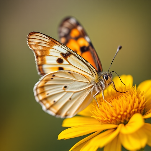 close-up of a butterfly resting on a yellow flower, soft-focus background, aperture f/2.8, ISO 200, shutter speed 1/100, macro lens, natural lighting, DSLR camera