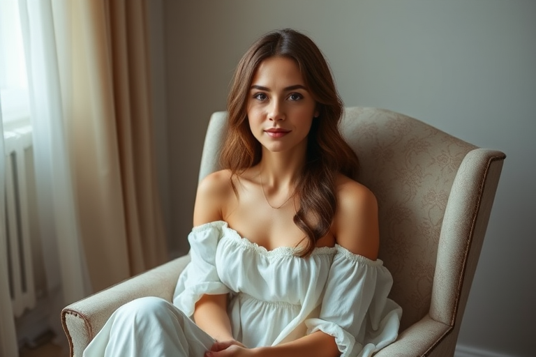 Generate a portrait of a woman sitting in a chair, dressed in a delicate white dress, with soft lighting and an ethereal background, using a DSLR camera with a 50mm lens, f/1.8 aperture, 1/125 shutter speed, soft focus, and natural light to enhance image quality.