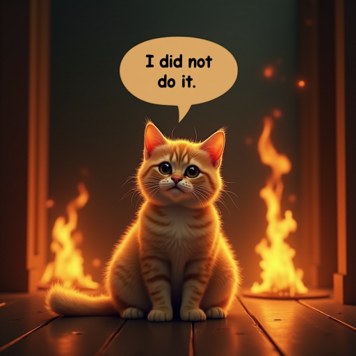 Photorealistic image of an innocent-looking cat sitting calmly in the middle of a burning room. Flames engulf the room, with fire licking up the walls and smoke filling the air. The cat is sitting on the floor, looking directly at the viewer with wide, innocent eyes. Above the cat, a speech bubble says "I did not do it" The contrast between the cat's calm demeanor and the chaos around it creates a humorous and surreal scene.