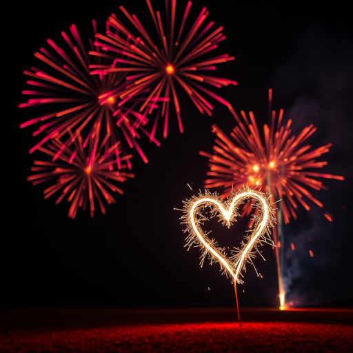 Create a vibrant fireworks display at night with a heart shape made of sparklers in the foreground, captured using a DSLR camera with a 24mm lens at f/2.8, ISO 200, shutter speed 1/125s, shot in RAW format for high detail and dynamic range.