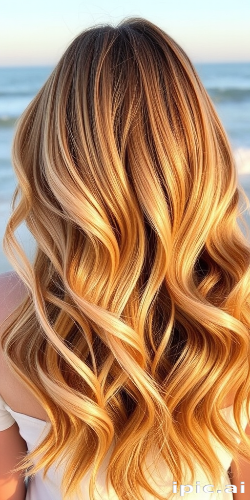 Warm honey blonde beach waves known as "Golden Hour," cascade effortlessly from a center part, featuring sun-kissed highlights and lowlights that create depth and dimension, evoking the glow of a perfect summer evening
