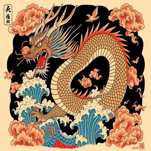 Irezumi-inspired dragon tattoo, "Ryujin's Fury," featuring a fierce Japanese dragon with intricate scales, swirling clouds, and crashing waves, rendered in bold, traditional colors like deep blues, vibrant reds, and rich golds, designed to cover the entire back or chest