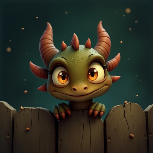 A small, scruffy cartoon-like dragon peers over a wooden fence with wide, expressive amber eyes, giving it an endearing look. The dark, muted background with streaks of faded color adds to the atmosphere of vulnerability and longing. The dragon's oversized eyes, full of emotion, draw the viewer in, evoking a sense of empathy and tenderness. Flecks of light and small bits of debris gently float through the scene, creating a soft, melancholic mood as the dragon waits patiently for comfort.