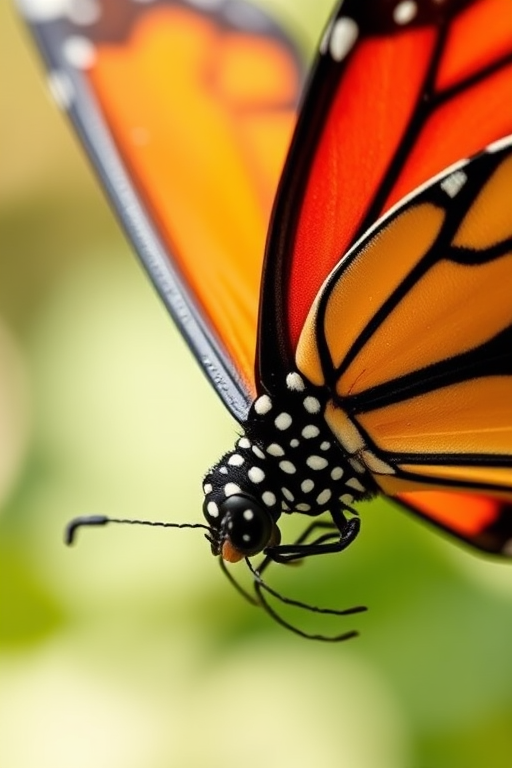 Regenerate a detailed illustration of a Monarch butterfly with vibrant orange and black wings, shot with a Canon EOS R5, 50mm lens, f/2.8 aperture, 1/200 sec shutter speed, and a bright, soft light background for enhanced contrast and clarity.