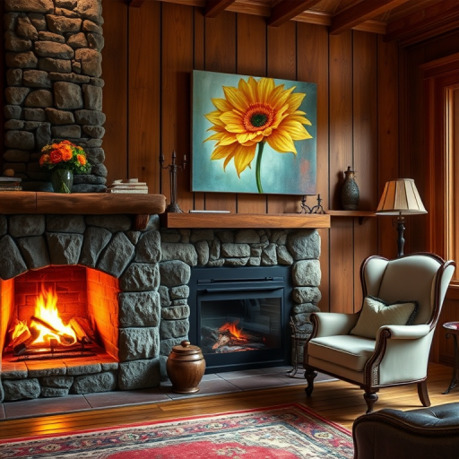 cozy living room with a stone fireplace glowing with a warm fire, wooden walls, colorful flower painting on the wall, elegant armchair, soft ambient lighting, taken with a Canon EOS R5, 50mm lens, f/1.8 aperture, ISO 100, natural light from a window, HDR style for enhanced detail