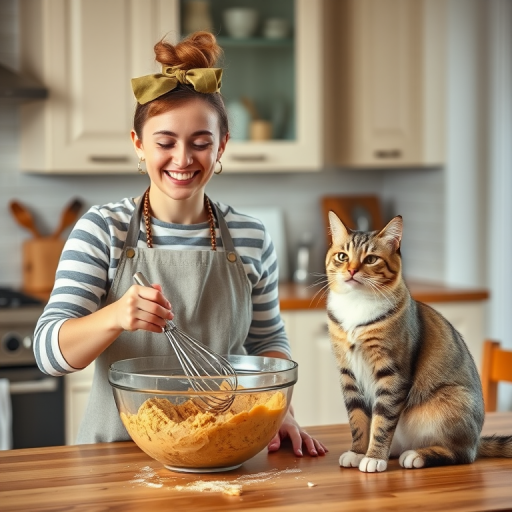 A cheerful person in a stylish kitchen wearing an apron, whisking a mixing bowl filled with cookie dough while a cute cat sits on the table beside them, captured with a Canon EOS R5, 35mm lens, f/2.8 aperture, ISO 200, natural light, soft focus background.
