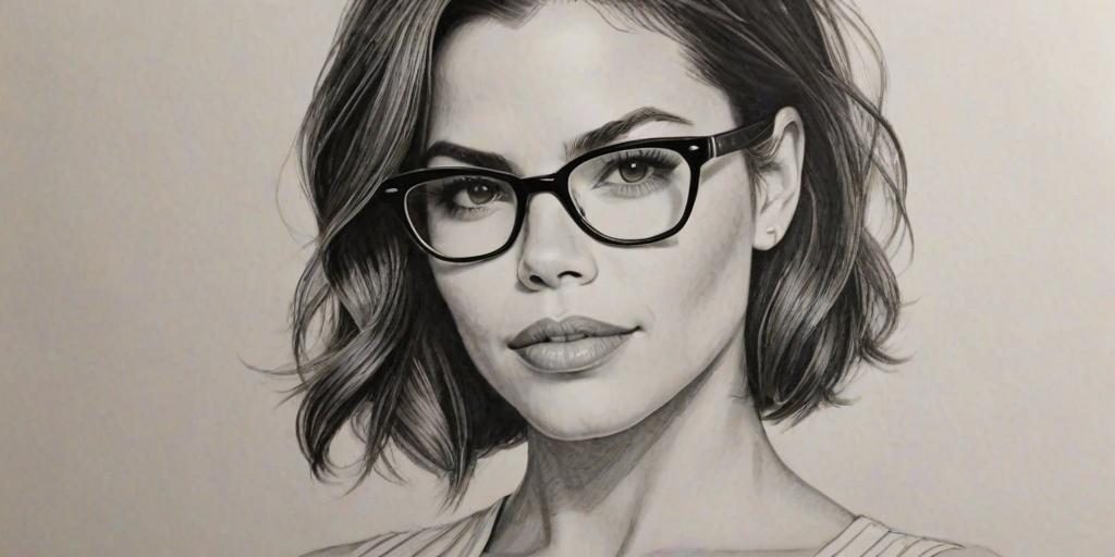Superb Jenna Dewan, pencil sketch, portrait of Attractive woman 1959s in glasses, hair style beatnik, outline, clear lines, fine lines, 8k