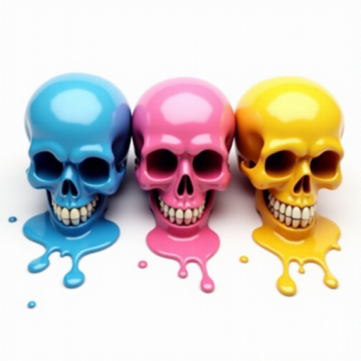 Create a hyper-realistic detailed image featuring three cartoon-style skulls aligned horizontally. The left skull is blue, the middle one is pink, and the right one is yellow. Each skull has an exaggerated, cheerful facial expression with wide, empty eye sockets and a broad, toothy grin. The skulls appear as if they are melting, with drips of color flowing down and pooling at the base. The drips enhance the vibrant, shiny appearance of the colors. The background is simple and white, emphasizing the vivid colors of the skulls. Each skull has slight shadows and highlights, adding depth and a glossy, wet look to the image. The proportions are playful and stylized with oversized heads, particularly focusing on the large, expressive mouth and eyes. This colorful, eye-catching image blends pop art sensibilities with a slightly macabre theme.
