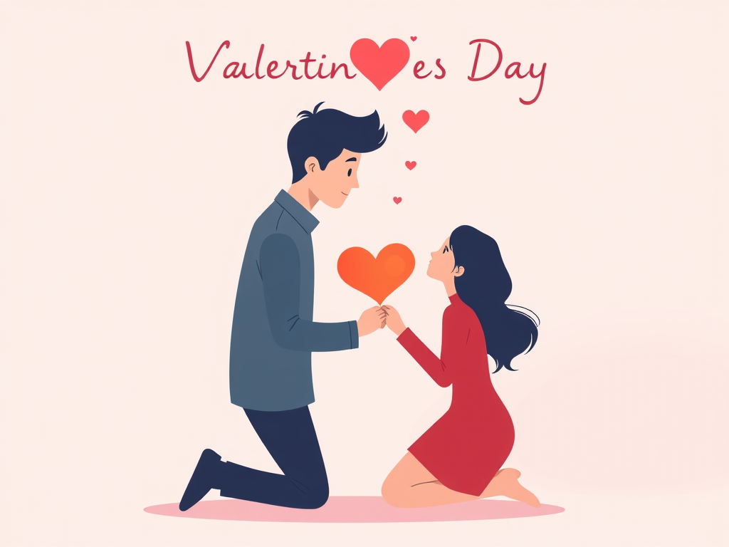 Create a minimalist Valentine's Day illustration featuring a couple, with one person kneeling and offering a heart, colorful background in pastel shades, use a digital illustration style, with soft edges, vibrant colors, high-resolution settings, shot from a slightly elevated angle.