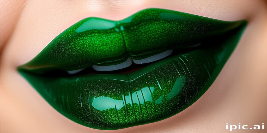 Mysterious Emerald Envy lip color featuring a deep green hue, glossy finish, and color-changing properties, ideal for daring and unconventional makeup looks