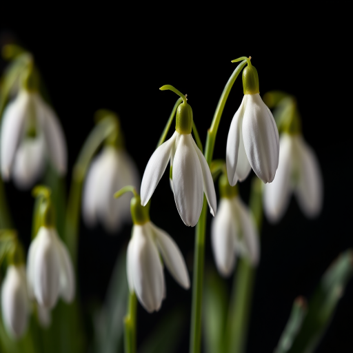 Capture a close-up shot of delicate snowdrop flowers with a shallow depth of field, using a macro lens, aperture set to f/2.8, ISO 100, and a shutter speed of 1/200s, with a black background for high contrast and backlighting to highlight the petals.