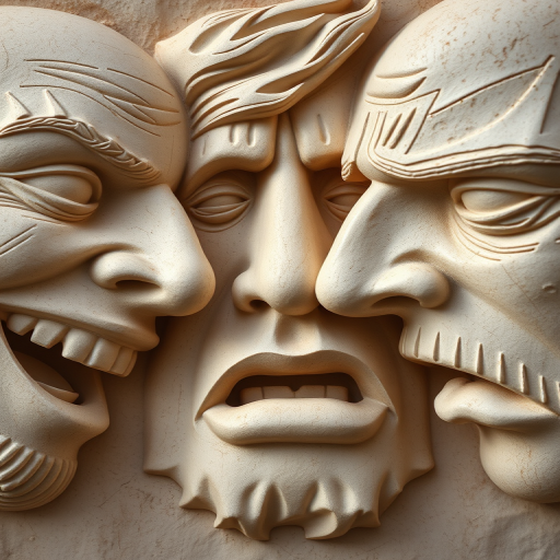 Create a dramatic close-up of three expressive human faces carved in relief, showcasing contrasting emotions of joy, anger, and sadness, high dynamic range, f/2.8 aperture, ISO 100, 50mm lens, soft diffused lighting, DSLR camera.