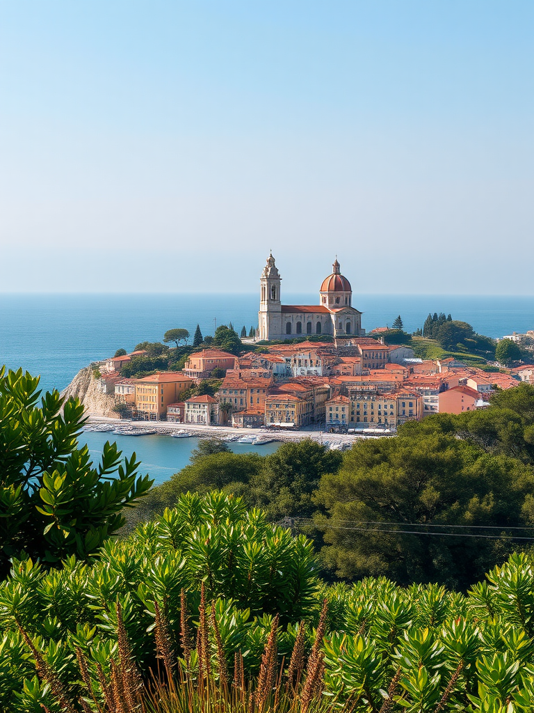 high-resolution image of a coastal town with a prominent church in the background, lush greenery in the foreground, shot with a Canon EOS R5, 50mm lens, aperture f/8, ISO 100, shutter speed 1/200s, bright daylight, panoramic view