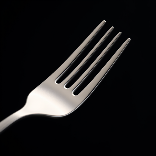 Create a high-resolution image of a polished silver fork against a black background, using a 50mm lens, f/1.8 aperture, ISO 100, with soft diffused lighting and a macro photography style to enhance details and reflections.