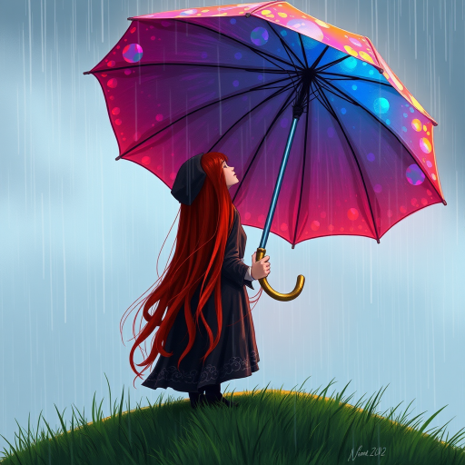 A surreal hand-drawn digital artwork depicting a mysterious red-haired woman standing on a grassy hill under the rain. She holds an umbrella crafted from iridescent zircon, its vibrant sheen contrasting with the soft, rainy atmosphere. The scene feels dreamlike, blending the natural elements of the hill and rain with the otherworldly shimmer of the umbrella.