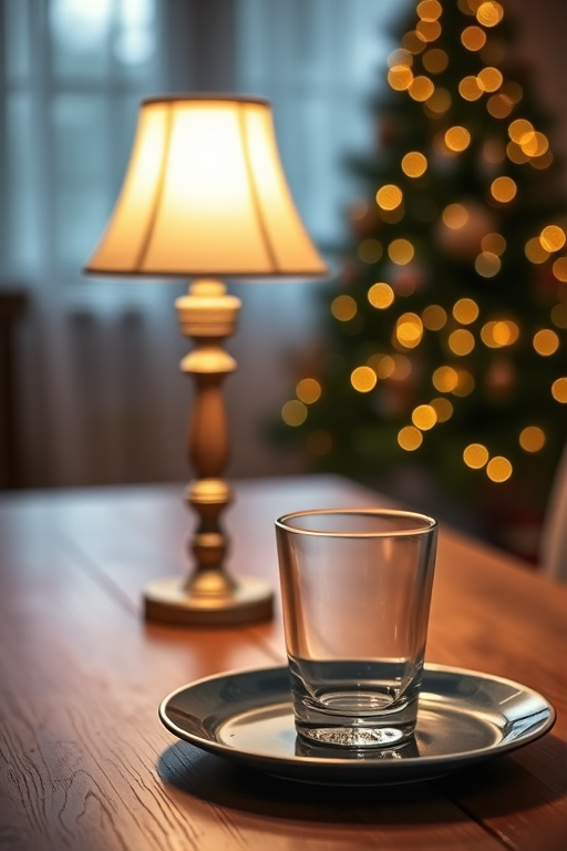 Create a cozy indoor scene featuring a softly lit lamp on a wooden table, a glass and plate in the foreground, with a blurred Christmas tree in the background, using a DSLR camera with a 50mm lens, aperture set to f/1.8 for a shallow depth of field, ISO 400, and a warm white balance to enhance the ambient glow.