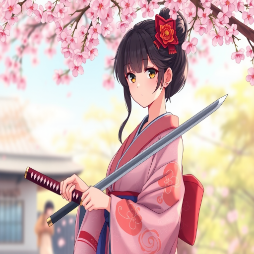 Create an illustration of an anime girl in a traditional Japanese kimono holding a katana under a cherry blossom tree, with a soft focus effect; use a Canon EOS R5 with a 50mm f/1.2 lens at ISO 100, aperture f/1.2, and a shallow depth of field to enhance details and vibrancy.