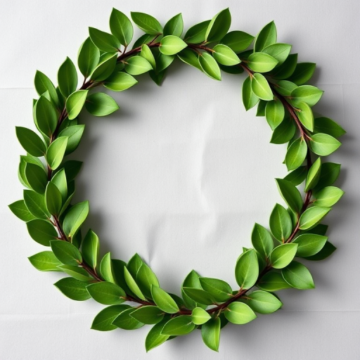 Regenerate a detailed, high-resolution image of a laurel wreath made of vibrant green leaves, captured with a DSLR camera, 50mm lens, f/2.8 aperture, ISO 100, natural lighting, centered view, on a neutral background for enhanced clarity and depth.