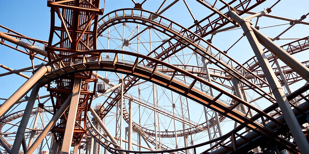 High-resolution image of an abstract roller coaster structure with intricate metal beams and tracks, photographed with a Canon EOS R5, 50mm lens, f/8 aperture, ISO 100, shot during midday for optimal lighting, capturing a dynamic angle to emphasize the curves and details of the framework.
