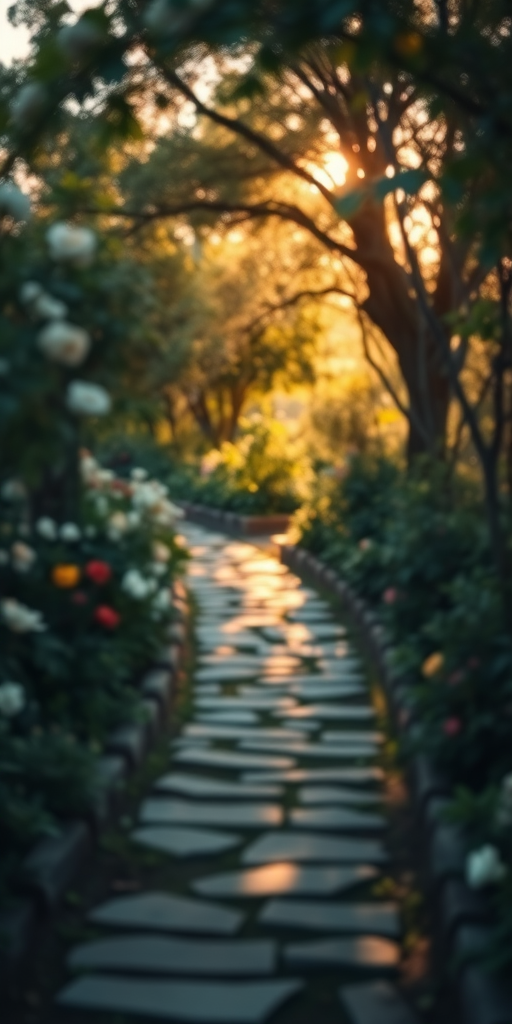 Soft-focus image of a narrow stone pathway winding through a sunlit garden, with soft golden light filtering through the trees and flowers blooming on either side.