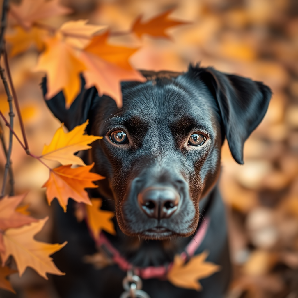 capture a close-up portrait of a black dog with soulful eyes surrounded by autumn leaves, shoot with a DSLR camera using a 50mm lens at f/1.8, ISO 200, shutter speed 1/200s, soft focus background with natural lighting
