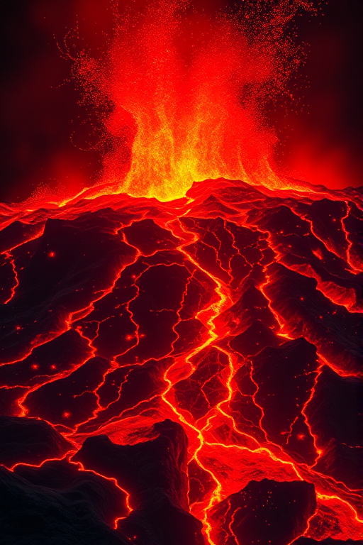 Create a highly detailed digital illustration of a volcanic eruption with flowing lava, showcasing rich red and orange hues, set against a dark background, captured with a DSLR camera at ISO 100, f/8 aperture, 24mm focal length, and a shallow depth of field for enhanced focus on the lava flow while maintaining a dramatic atmosphere.