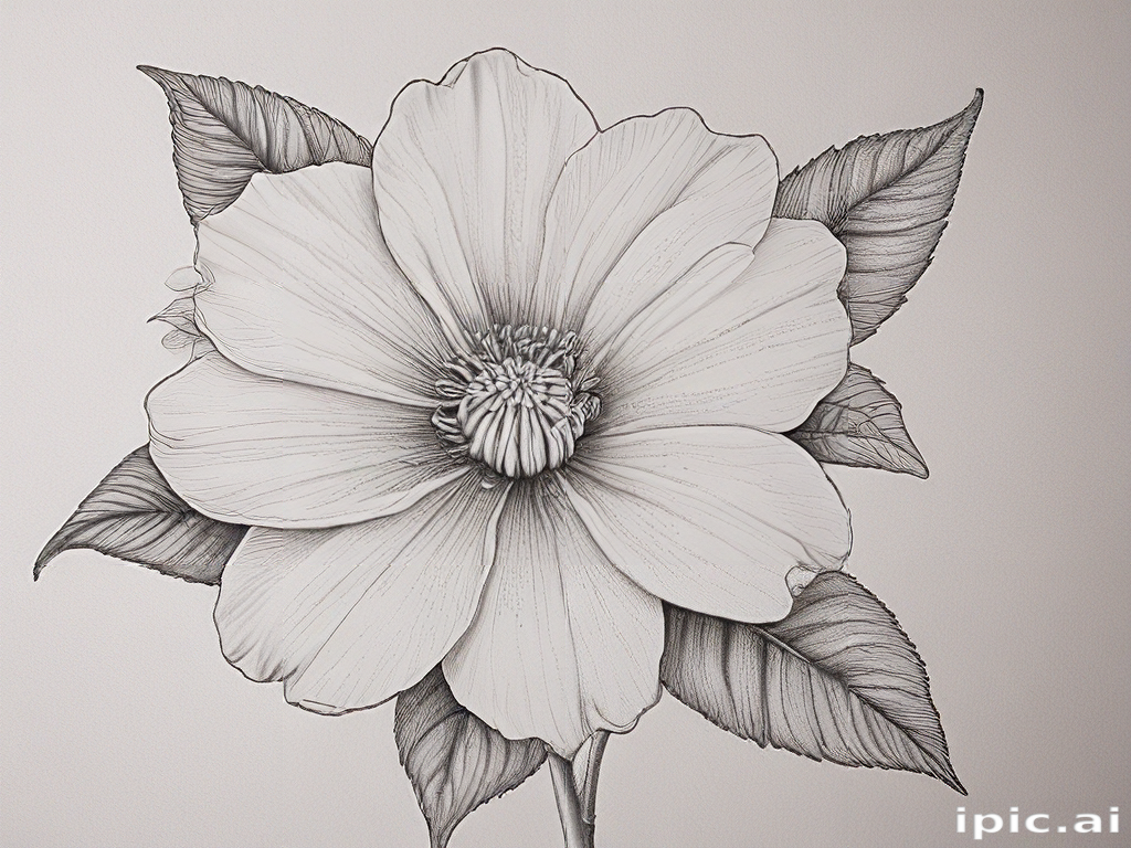 Intricate Black and White Illustration of a Beautiful Flower with Leaves