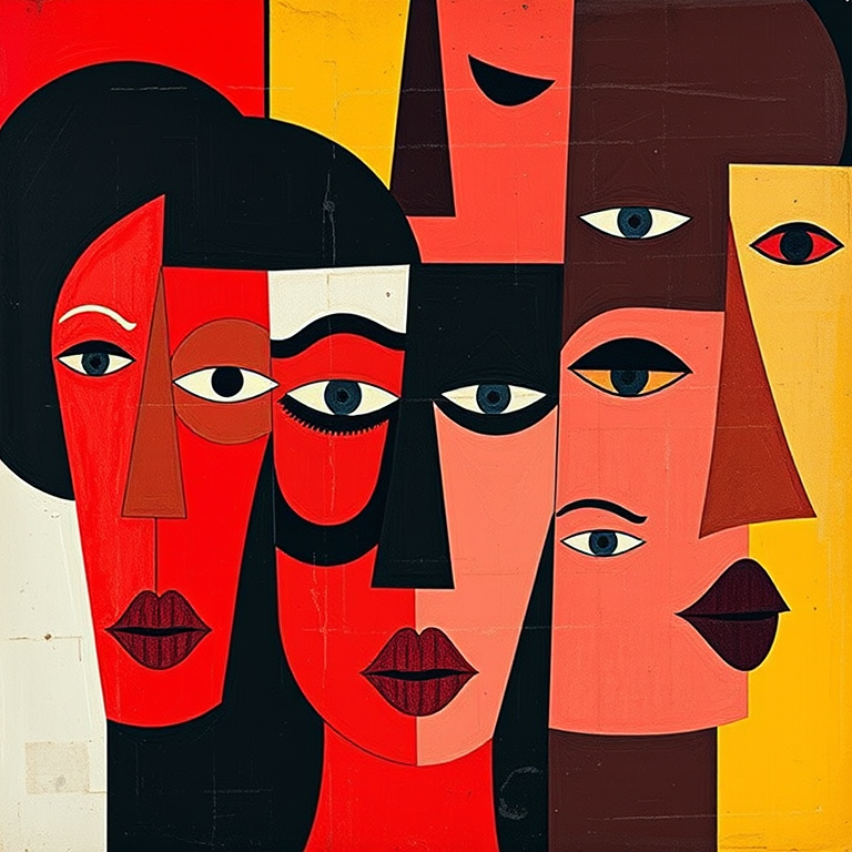 Regenerate an abstract art piece featuring a collage of bold faces with simple geometric shapes and expressive features, use vibrant colors like red, black, and yellow, camera settings: ISO 100, aperture f/8, shutter speed 1/125, camera view: eye level, camera style: digital painting emulation, camera type: mirrorless.