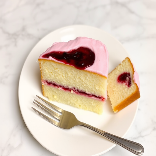 A slice of vanilla cake with pink frosting and a layer of red fruit jam on a white plate with a silver fork beside it and a small piece of cake cut out on the side. The background is a smooth marble surface.