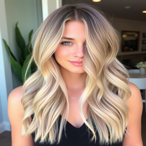 Sophisticated ash blonde lob with subtle balayage highlights and effortless beach waves, exuding casual elegance in the chic "Coastal Chic" look