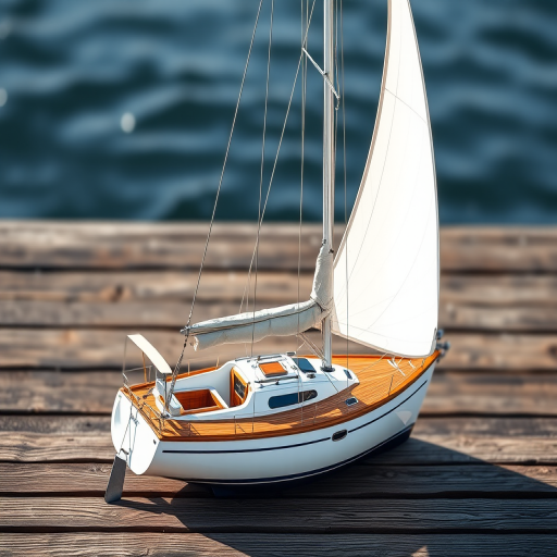 Create a high-resolution image of a sailboat with a white sail on a wooden deck, captured in natural light, using a DSLR camera with a 50mm lens, aperture set at f/2.8, ISO 100, and a shallow depth of field to blur the background.