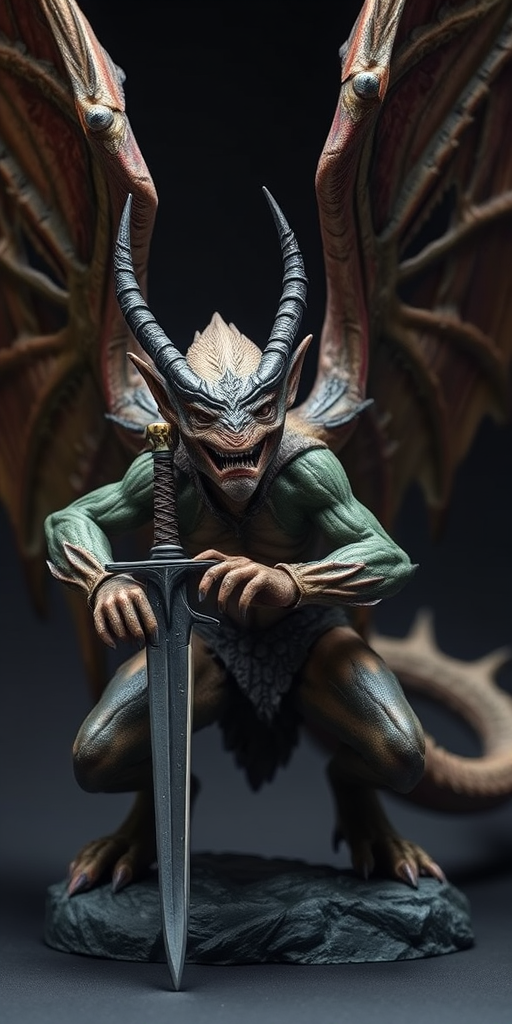 fantasy creature with large wings crouching and holding a sword, high-resolution, f/2.8 aperture, ISO 100, 85mm lens, macro perspective, soft studio lighting, digital photography