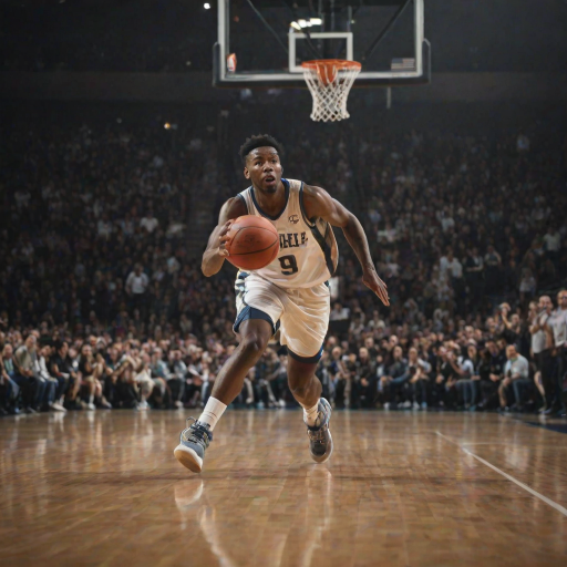 Blurry action shot of a basketball player shooting a three-pointer, intense focus on their face, the ball mid-air, the crowd in the background on their feet, stadium lights casting long shadows on the court, the sound of sneakers squeaking and the ball bouncing filling the air.